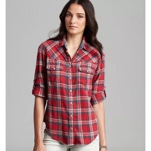 JACHS Girlfriend Bea Light Flannel Plaid Button-Down Shirt - M